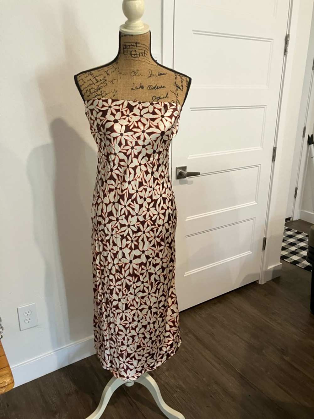Strapless Floral Column Dress in Cream and Brown